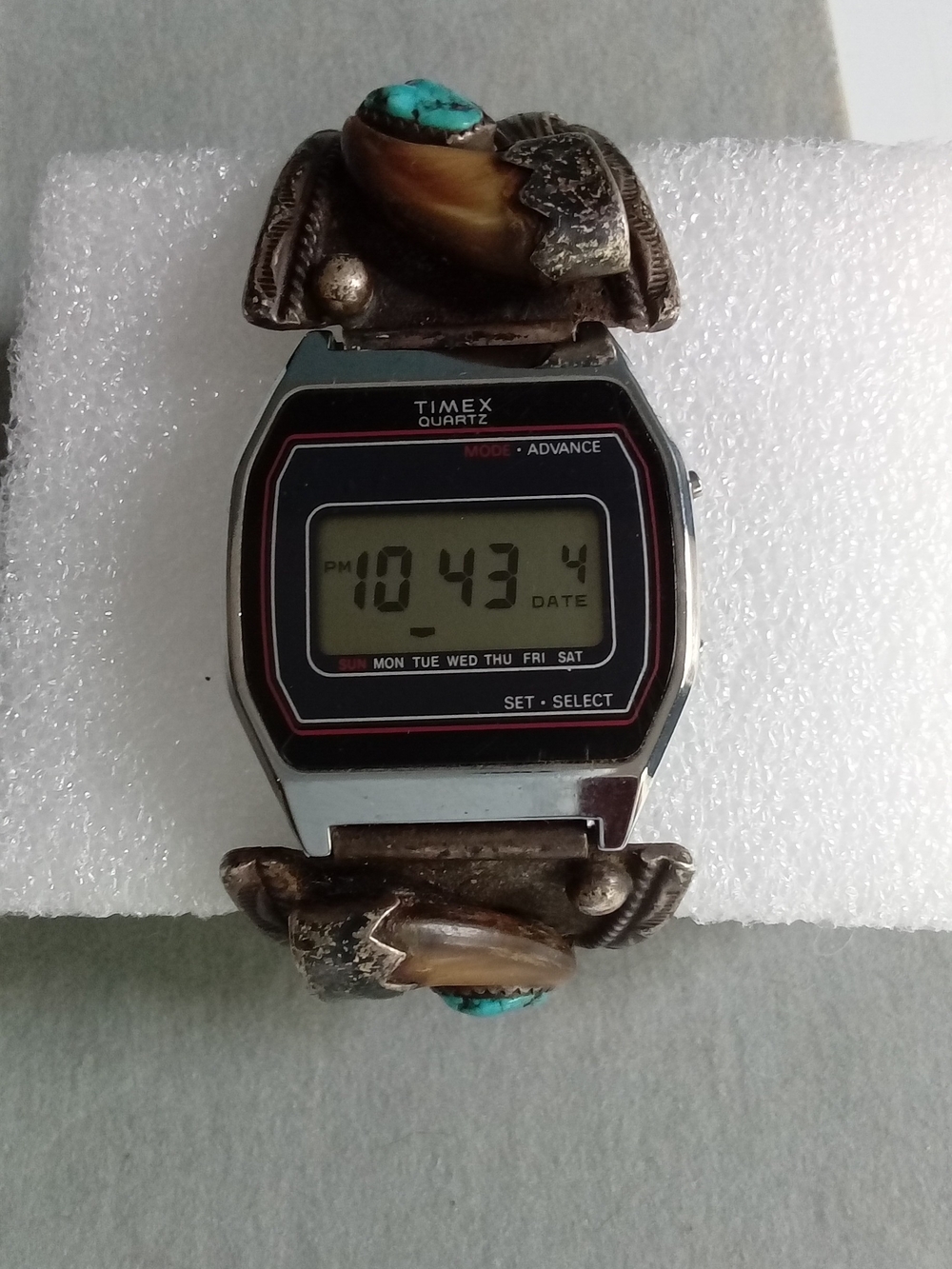 Vintage Timex Digital Watch Southwestern Turquoise Coral Bear Claw Cuff Band - Picture 2 of 6